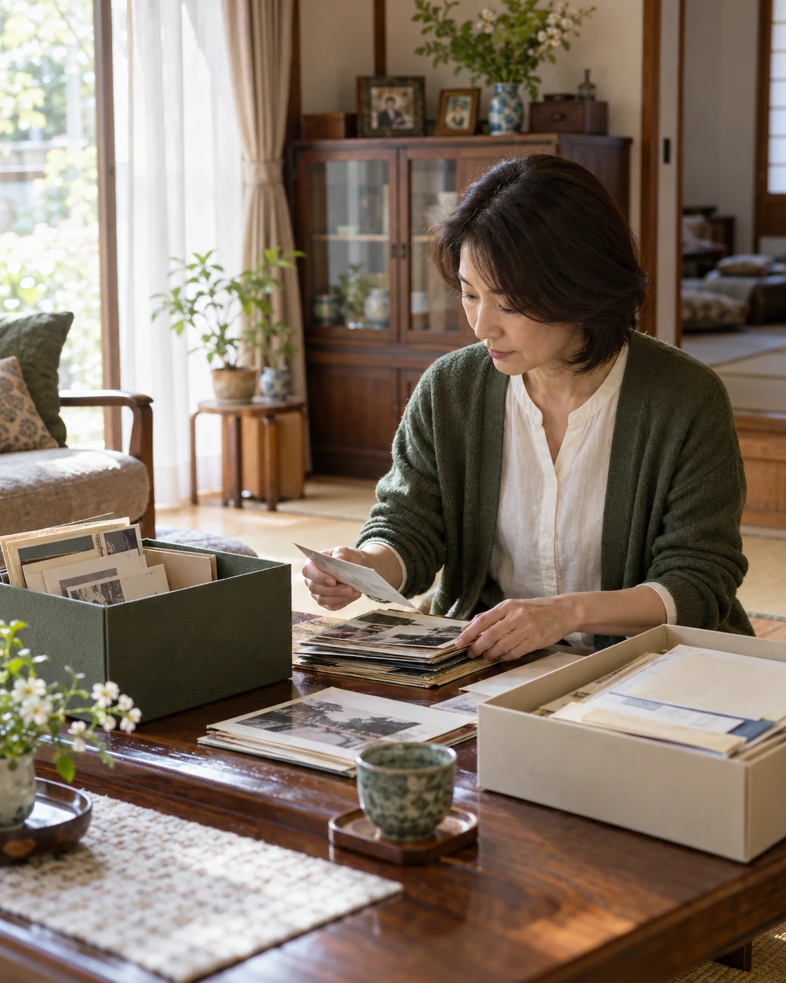 実家で写真と書類を静かに整理する家族